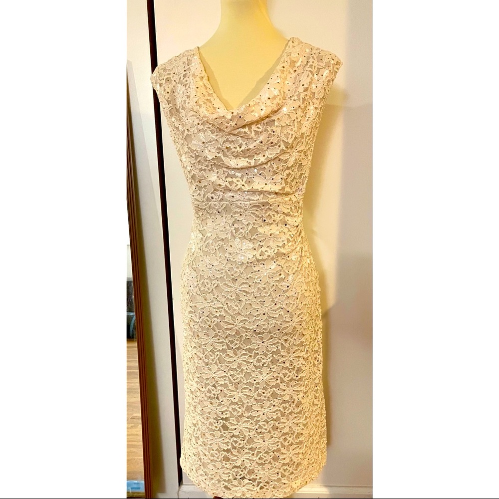 Cream Cowl Neck Floral Pattern Sequined Midi Dress Size 14